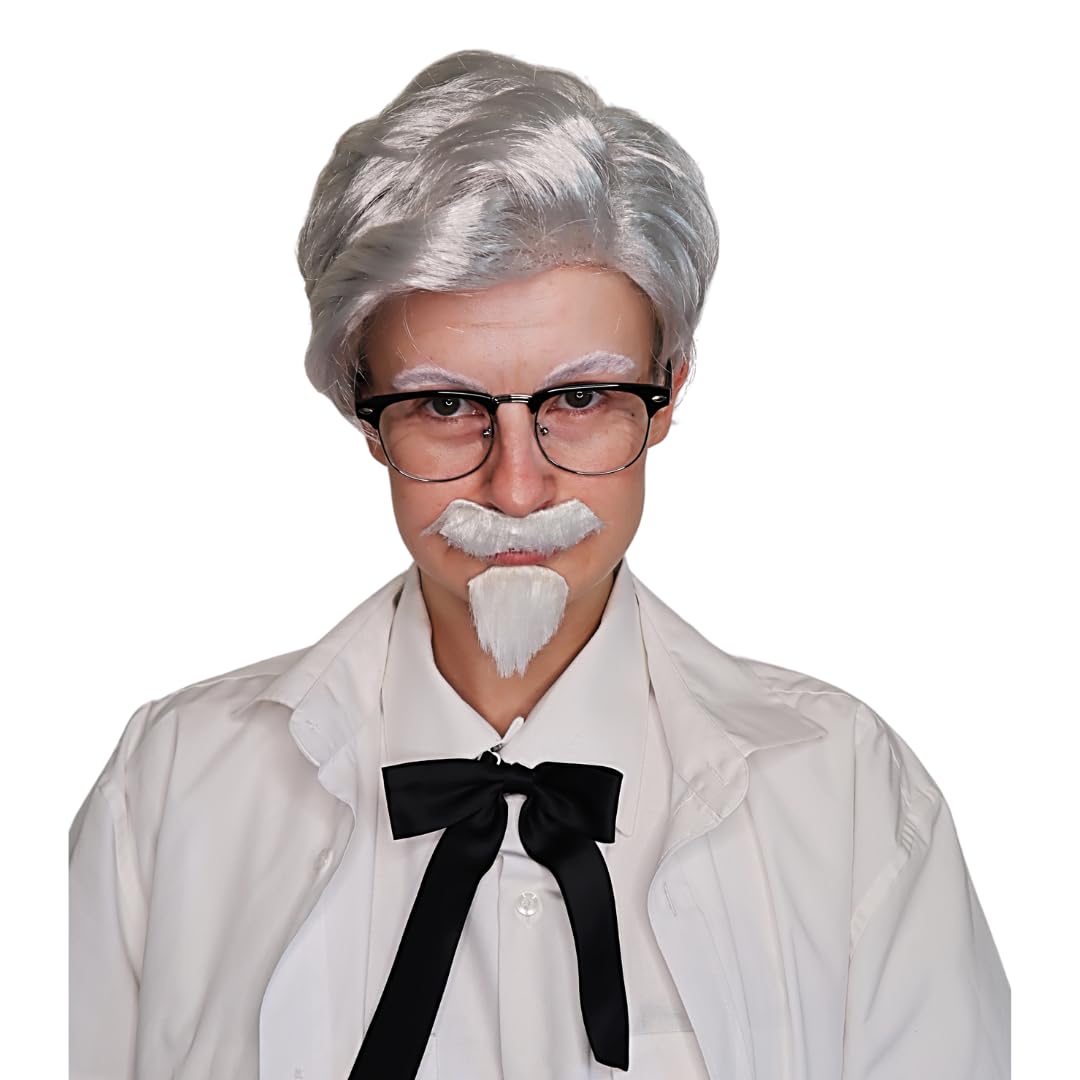 ALLAURA Compatible with Colonel Sanders Wig – Old Man Costume Set with White Wig, Beard, Mustache, Glasses & Tie – Realistic Hair for Adults, Funny Fast Food Icon Look, Halloween Cosplay, Party Outfit