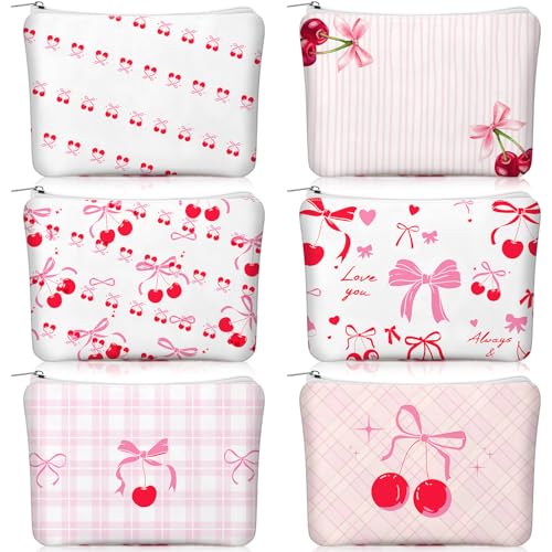 Kacctyen 6 Pcs Pink Cherry Bow Coquette Makeup Bag Cute Bow Canvas Cosmetic Bag for Women Girl with Zipper Aesthetic Travel Stuff Small Pouch for Birthday Party Favor