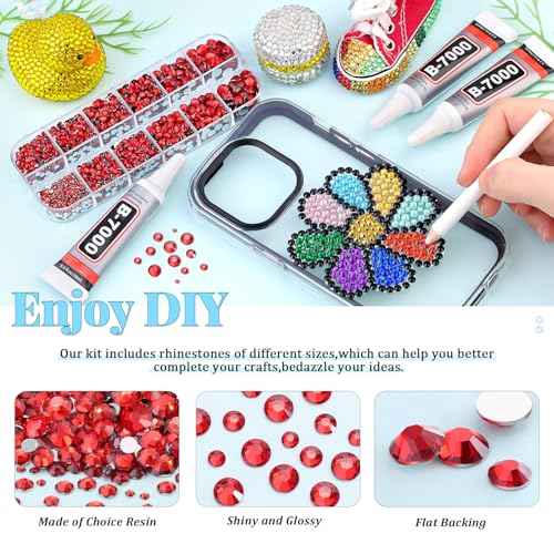 6000Pcs Resin Rhinestones for Bedazzling with 3Pcs B7000 Jewelry Glue, 1 Box Red Flatback Rhinestones for Crafting Crafts DIY, Crystals Gems for Clothing Shoes Tumblers Nail Art Makeup