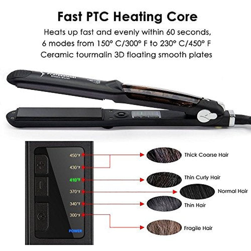 Steam Hair Straightener Flat Iron Professional Ceramic Tourmaline 2-in-1 Straightening Iron, Adjustable 300-450F Salon Heat, 110-220V Dual Voltage, Black