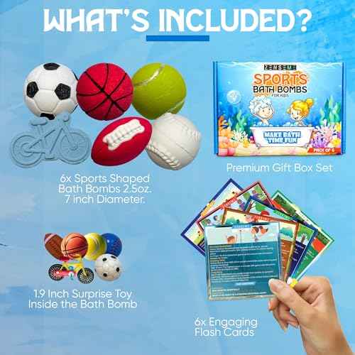 Bath Bombs for Boys W/Educational Flash Cards - Bathbombs with Toys Inside - 2.5 oz Gift Set of 6 Scented Organic Handmade with Natural Essential Oils - Sports Surprise Inside by Zenseme