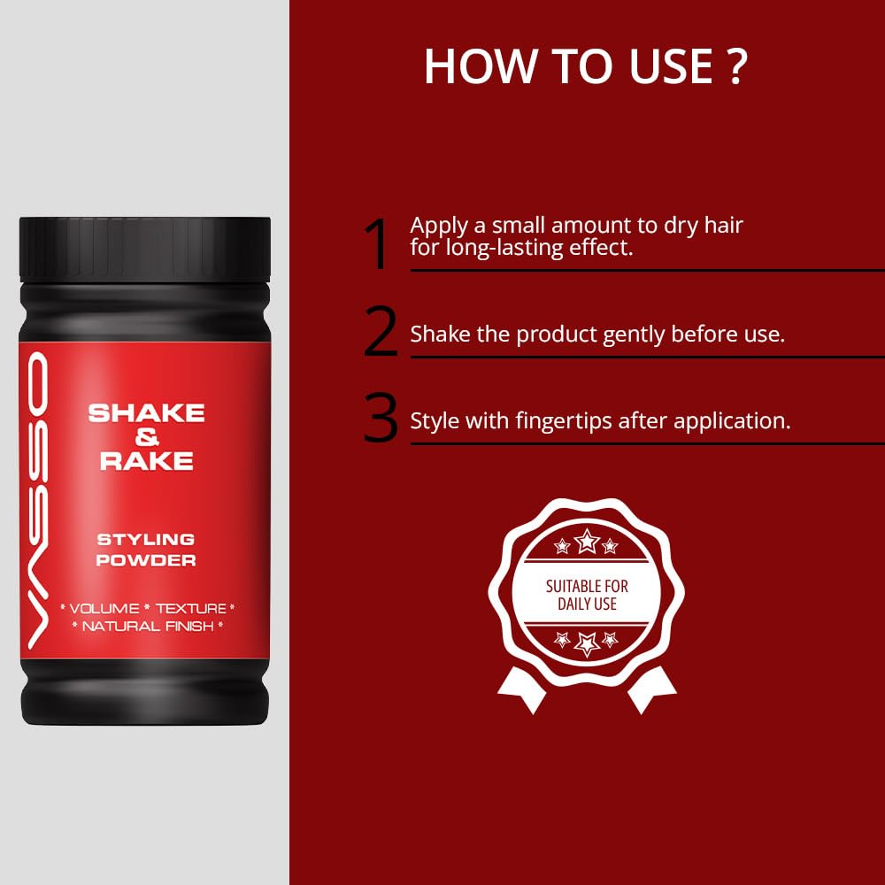 Vasso Shake & Rake Styling Powder for Men, Matte Finish Hair Volumizing Powder, Lightweight Texture Powder for Strong Hold & Natural Look, Barber Style Hair Powder