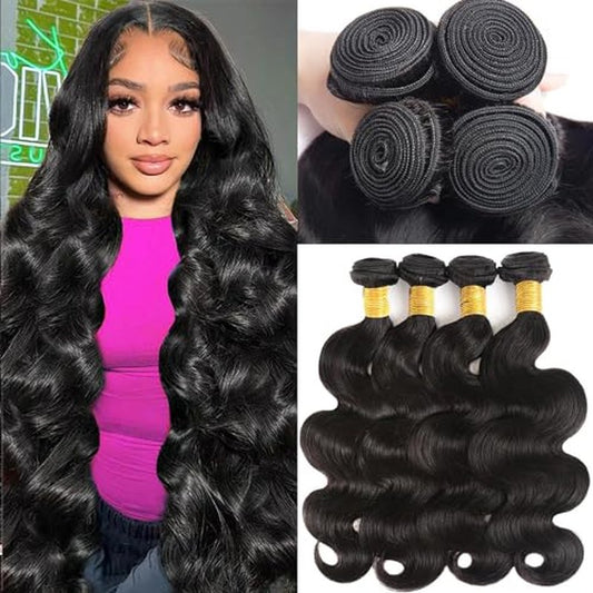 Selina Hair 12A Brazilian Body Wave 4 Bundles Human Hair 8 10 12 14 Inch 400g/Pack Remy Hair Unprocessed Human Hair Weave Hair Extensions for Women Natural Black Color