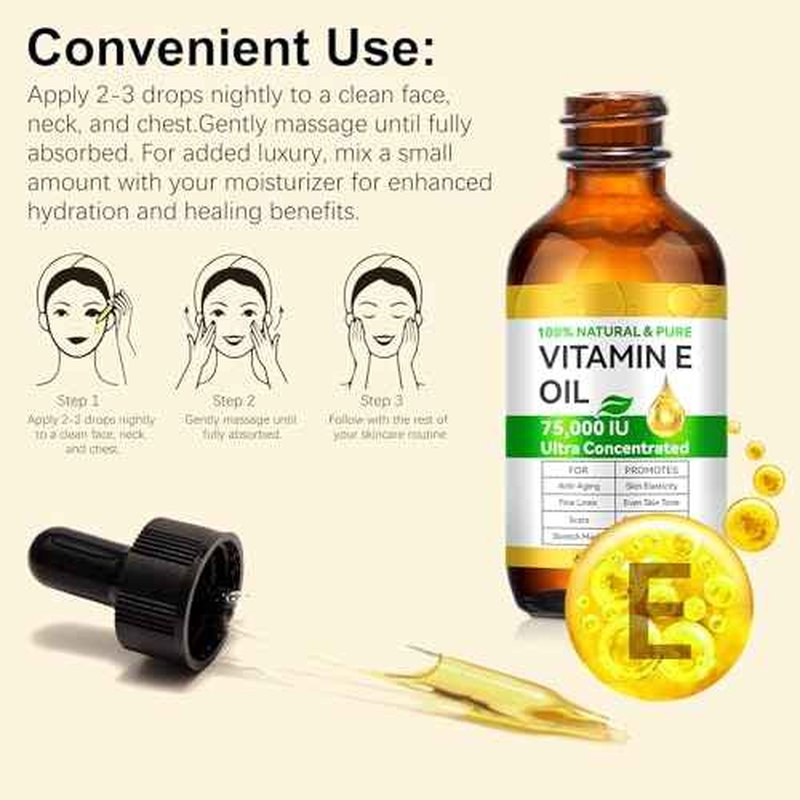 Essential Vitamin E Oil for Skin,Face,75000 IU Pure Vitamin E Body Oil for Women Girls 2 Oz