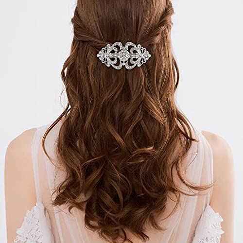 EVER FAITH Austrian Crystal Bridal Barrette Clip, 1920s Art Deco Two Heart Rhinestone Hair Accessories for Women Clear Silver-Tone