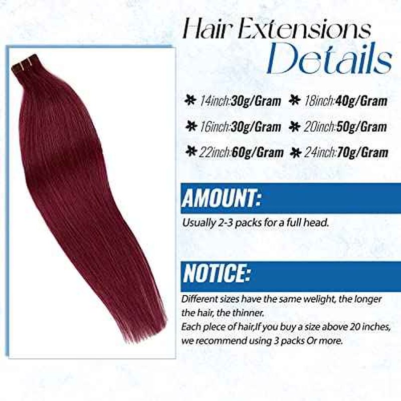 Real Hair Extensions Tape in Human Hair Extensions Burgundy Colored Hair Extensions Tape ins 20 Pieces Seamless Invisible Hair Extensions 22 inch Double Sided Tape in Remy Hair 60g for Women