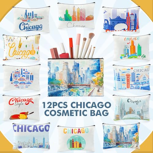 Reginary 12 Pcs Chicago Souvenirs Makeup Bag Travel Gift Cosmetic Bag Trip Favors Chicago City Themed Gifts for Traveller Birthday Christmas Bachelorette Party Favors
