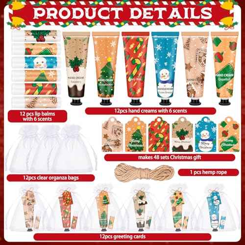 Loopeer 12 Sets/48 Pcs Christmas Hand Cream and Lip Balm Gift Set for Women Bulk Mini Hand Lotion Travel Size for Dry Skin Stocking Stuffers with Greeting Card Organza Bags for Coworker Employee