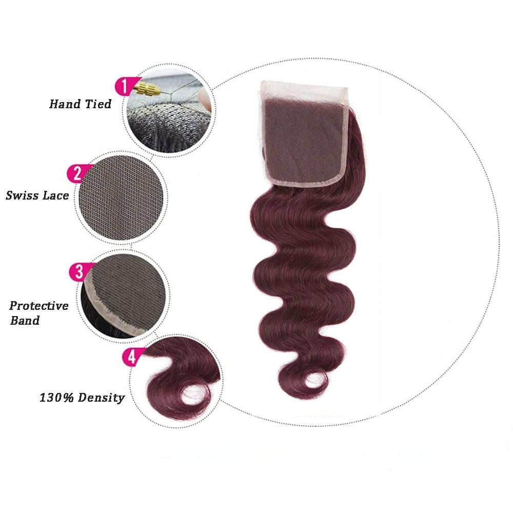 #99j Wine Red Lace Closure 4X4 HDTransparent Lace Front 24 Inch Brazilian Virgin Hair Free Part Pre Plucked 100% Burgundy Body Wave Lace Closure Human Hair Extensions