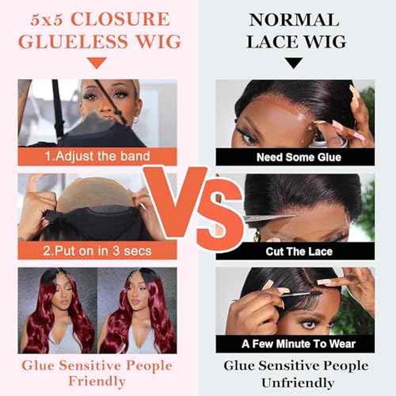 GABRIELLE 32 Inch Glueless Wig Body Wave Lace Front Human Hair Wigs 1B/99J Burgundy 5x5 HD Lace Closure Wigs 180 Density Pre Plucked Pre Cut Lace Virgin Human Hair Wigs for Women