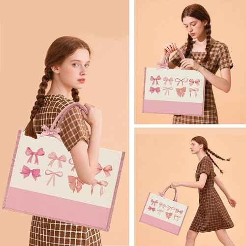Bow Tote Bag Coquette Pink Bow Preppy Makeup Bag Set Cute Aesthetic Pink Bow Canvas Reusable Grocery Shopping Bag