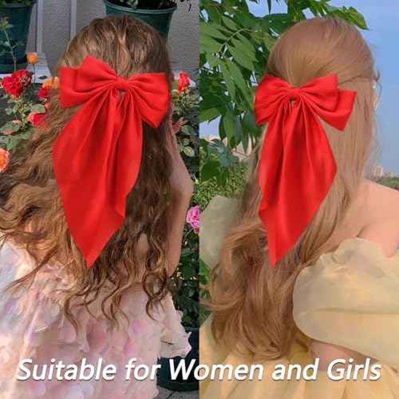 Velscrun Red Hair Bows for Women Girls, Silky Satin Large Coquette Bow Oversized Hair Ribbons Big Bows Clip, Long Tail Bowknot Hair Barrettes Halloween Christmas Hair Bow Accessories