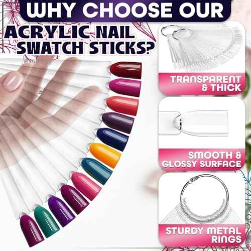200 Pcs Clear Nail Swatch Sticks - Nail Swatches for Gel Polish - Transparent Acrylic Practice Tips with Metal Rings, Suitable for Displaying Colors, Training Templates for Beginners and Professionals