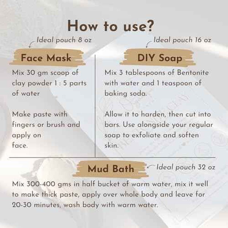 Bentonite Clay Powder For Face, Body & Hair, Deep Pore Cleansing & Detox, Indian Healing Calcium & Sodium Clay, For Masks & Bath 16 oz (454g)