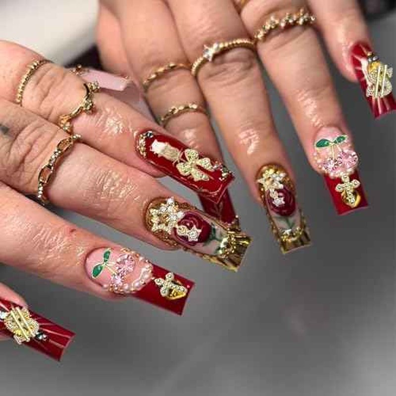 106 PCS Gold Nail Charms 3D Nail Art Charms Cherry Butterfly Cross Bow Star Heart Dollar 3D Nail Gems for Women Nail Art DIY Design