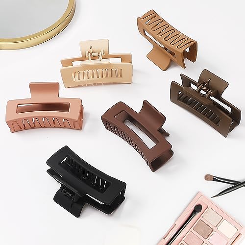 Hair Clip, 3.5 Inch Medium Square Claw Clips Rectangle Clips 6 Pack Rubber Paint Acrylic Plastic Metal, Non-Slip Design for Women Girls - Coffee