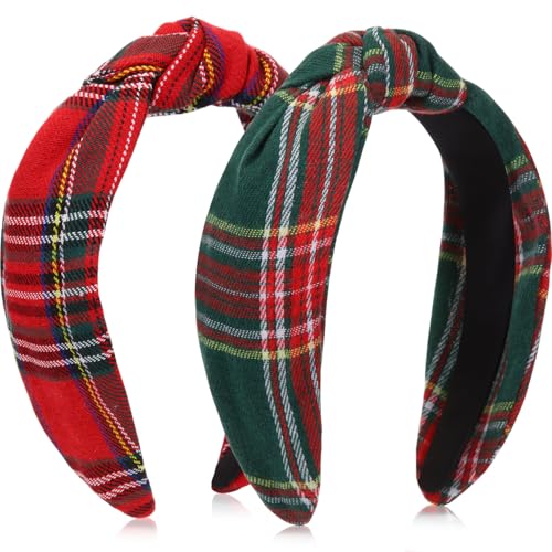 Yilloog 2pcs Christmas Headbands for Women Knotted Buffalo Plaid Hairband Fashionable Wide Top Knot Hair Bands Hair Accessories for Xmas Gifts