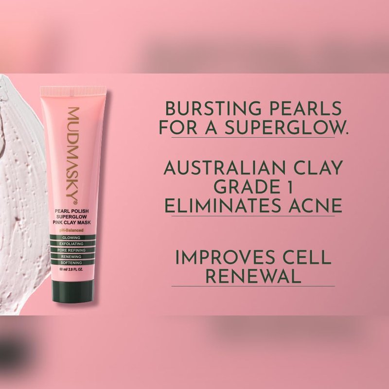 MUDMASKY Pearl Polish Superglow Pink Clay Mask 2.0 OZ - Mask-To-Scrub, MADE IN FRANCE, Made with A+ Grade AUSTRALIAN CLAY and bursting vitamin oil pearls