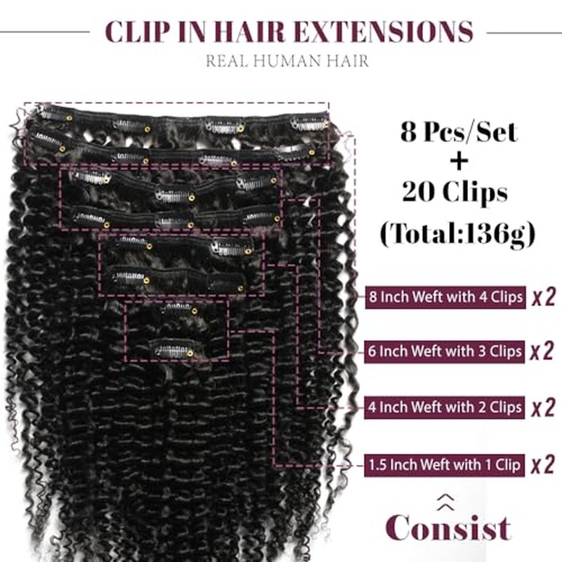 KRN Clip in Real Human Hair, 136g 8pcs Natural Black Hair Extensions Clip ins for Black Women Full And Thick Kinky Curly Clip in Human Hair Extensions 20 Clips Easy to Wear 16 Inch