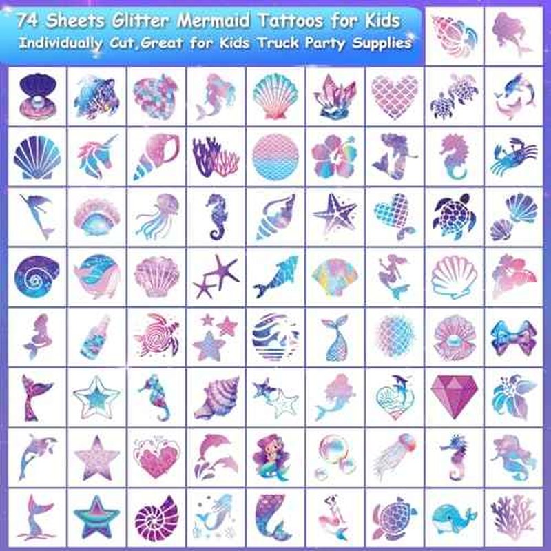 Glitter Mermaid Temporary Tattoos for Kids - 74 Individually Sheets Glitter Tattoos for Kids Mermaid Birthday Decorations