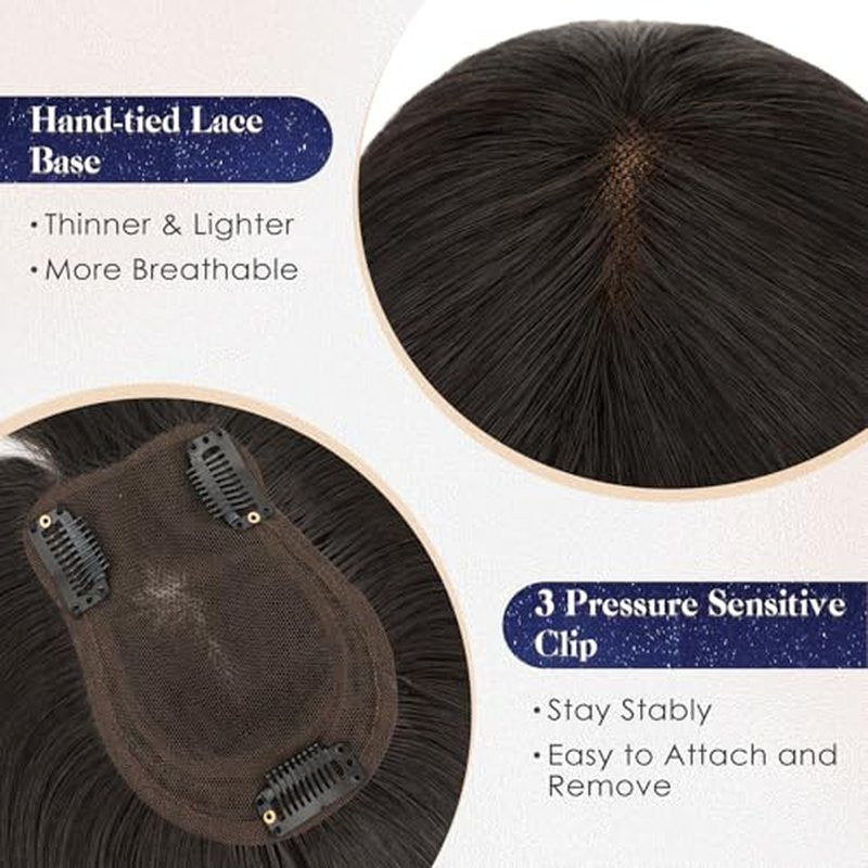 MY-LADY Human Hair Toppers for Women Real Human Hair with Bangs Thin 9 * 12CM Lace Base Clip in Remy Hairpieces Hand-Tied Light Weight 12 Inch Natural Black