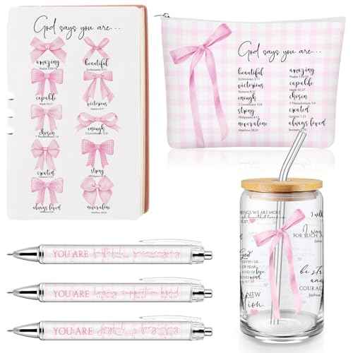 Skylety 6 Pcs Christian Gift Set for Women Includes Bible Journal Religious Pens Pink Bow Cosmetic Bag Glass Cup Pink Stuff Accessories Cancer Awareness Gifts for Women Mom Sunday School Teacher