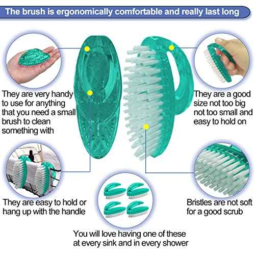 Handle Grip Nail Brush for Cleaning Fingernails Hands & Under Nails, Stiff Bristle Mechanic Scrub Brush Cleaner for Men Women, Pedicure Scrubbing Tool Kit - 4 Green