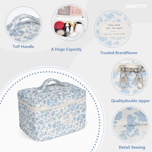 Makeup Bag,Quilted Cosmetic Bags,Large Floral Make Up Bags for Women, Makeup Organize,Flower Travel Toiletry Bag