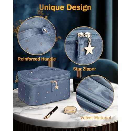 Wedama Makeup Bag Gift for Women, Double-layer Cosmetic Bag with Jewelry Storage and Brush Holder 3 Pcs Velvet Makeup Organizer Bag Gift Set Travel Toiletry Bag for Women Girls, Blue