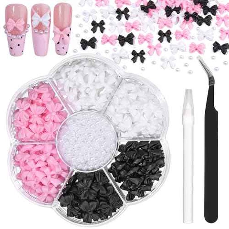 420PCS Bow Nail Charms Kit with Half Pearls, 3D Acrylic Nail Gems Rhinestones, Pickup Tools for Nail Art Design, DIY Crafts, Valentine Gifts