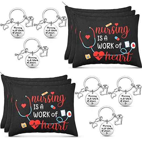 Yinkin 12 Pcs Nurse Appreciation Gift Set 6 Nurse Makeup Bags 6 Appreciation Keychains Christmas Gift for Women(Novel Style)