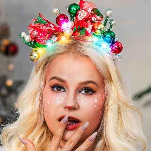 Latious Light Up Christmas Balls Headband LED Xmas Bow HairBand Glow Santa Bowknot Hair Hoop Holiday Costume Hair Accessories for Women and Girls