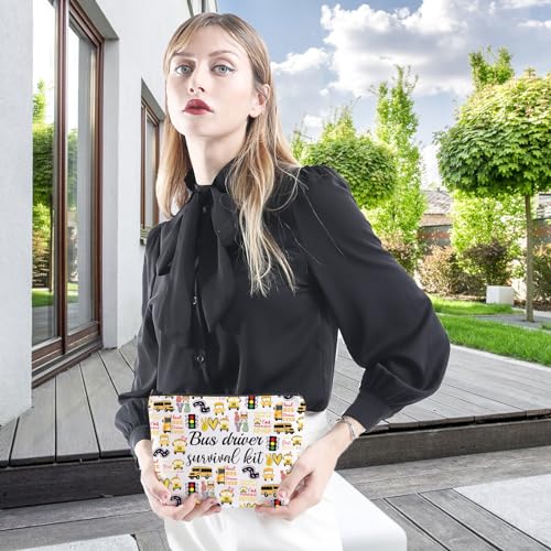 WCGXKO School Bus Driver Gift End Of Term School Bus Driver Gift School Bus Driver Survival Kit Cosmetics Bag (Bus Driver ever), Beige