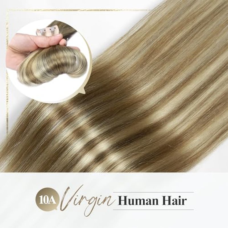WIGER Seamless Highlighted Honey Blonde Human Hair Extensions No Glue No Gel Insert Human Extensions Balayage Invisible PU Hair Extensions (18 In, 20 Pcs)