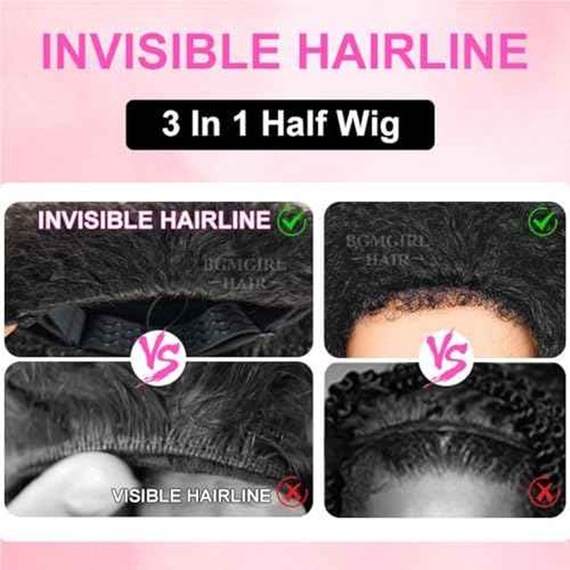 BGM GIRL Half Wig Human Hair Kinky Curly 3 in 1 Wigs Beginner Friendly Flip Over Drawstring Glueless Wig Kinky Curly Ready to Go Seamless Clip in Wigs Natural Black Color 22 Inch