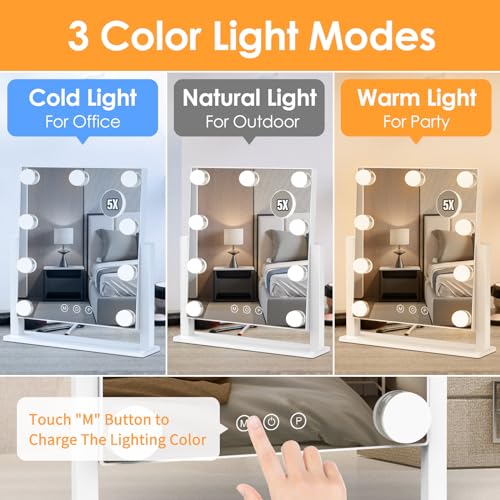 Vanity Mirror with Lights, Hollywood Lighted Makeup Mirror with 3 Color Lighting Modes and 9 Dimmable Bulbs, Detachable 5X Magnification, Smart Touch Control, 360¡ÆRotation, White