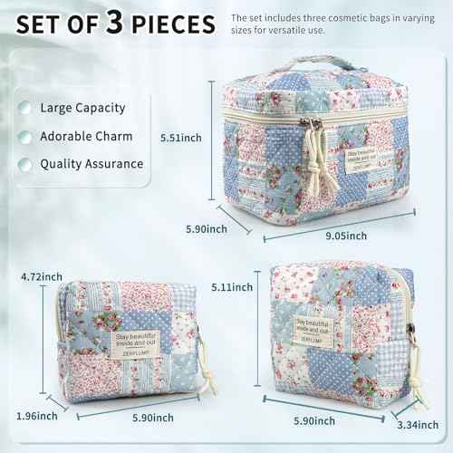 Cute Quilted Floral Makeup Bag(3Pcs)£¬Coquette Aesthetic Cosmetic Bag£¬Travel Toiletry Bags£¬ Kawaii Aesthetic pouch for Women (64-GridRose)