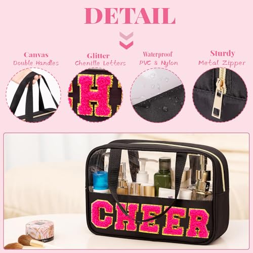Chenille Pink Letter Cheer Bag Cheerleader Gifts for Team Women Girls Cheer Stuff Accessories Makeup Bag with Handle and Zipper, Cheer Gifts