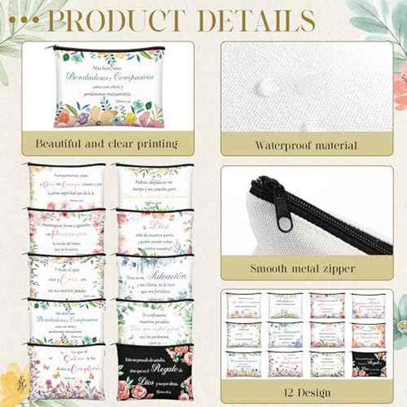 Kacctyen 12 Pcs Christian Mother's Day Gifts Makeup Bag Spanish Verses Inspirational Gift for Women Bible Verse Cosmetic Bag in Spanish Zipper Pouch for Mom Church Religious Prayer(Flower Style)
