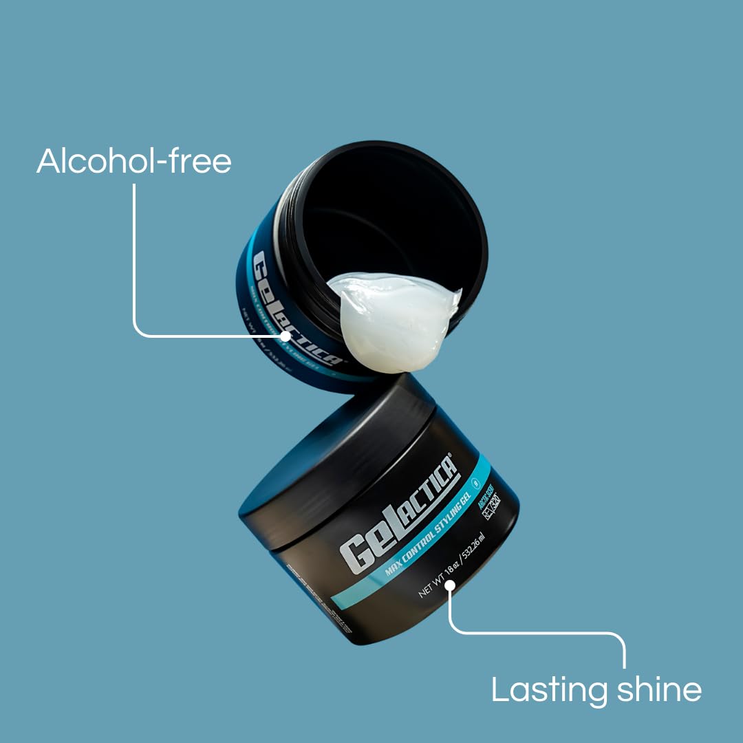 Gelactica Max Control Hair Gel for Men, Alcohol-Free, Strong Hold Styling Gel, Natural Extracts for Long-Lasting Hold and Shine, Slick Back Hair Style 8 oz