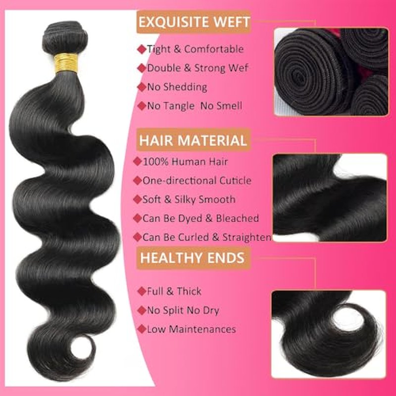 12A Human Hair Bundles 10 12 14Inch Body Wave Bundles Human Hair 100% Unprocessed Brazilian Virgin Weave Bundles 3 Bundles Real Natural Black Wavy Human Hair Extensions 1B Bundles for Women