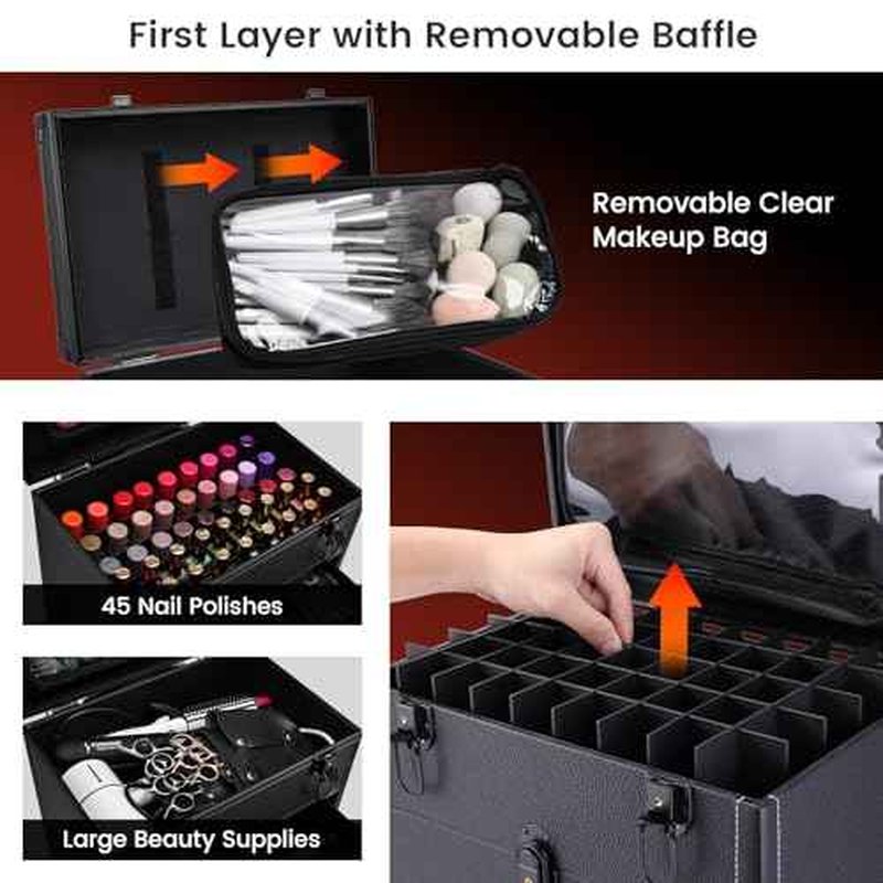Professional 3 in 1 Rolling Makeup Case Cosmetology Case on Wheels 2 Large Drawer Nail Case Trolley Traveling Cosmetic Train Case with Makeup Pouch for Artists Nail Technician Salon Cart Trunk Black