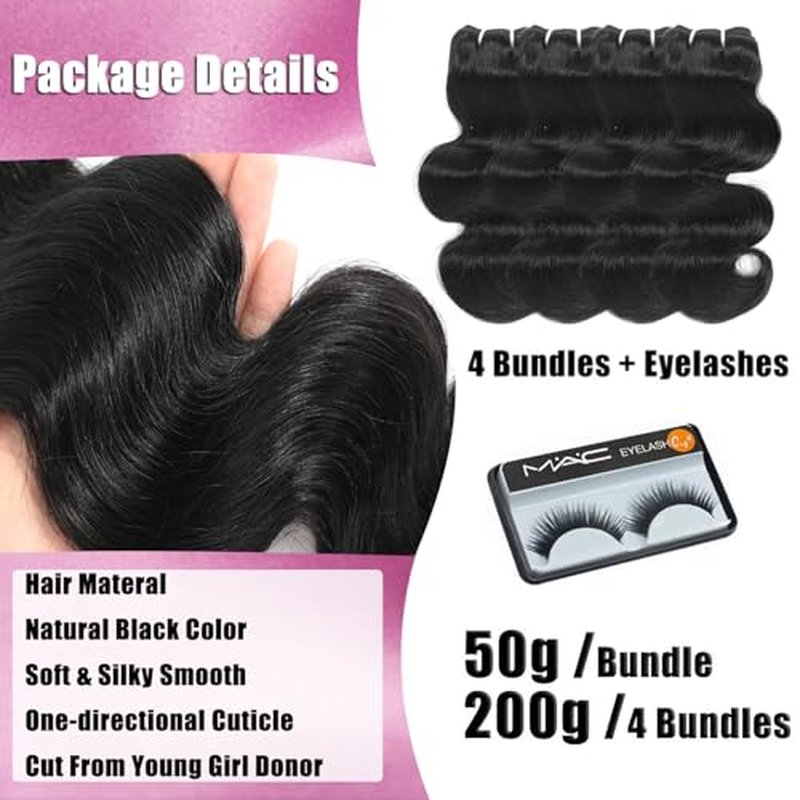 Body Wave Bundles Human Hair 14 Inch 12A Human Hair Bundles 100% Unprocessed Brazilian Virgin Hair Weave 4 Bundles Human Hair Natural Black Color (14/14/14/14 Inch, 4 Bundles)