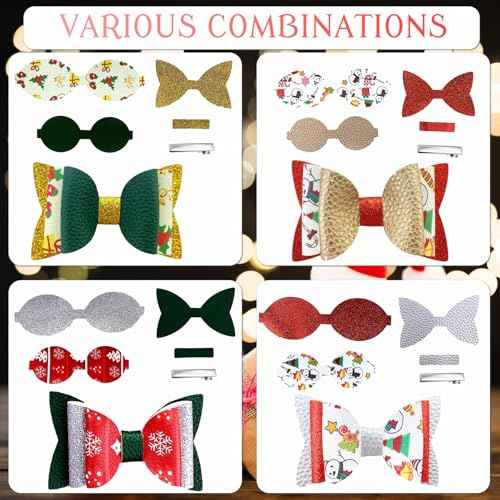 AOUXSEEM 24 Set Christmas Faux Leather Hair Bows DIY Making Kit with Pre Cut Pieces and Hair Clips, Make Fashionable Unique Hair Clips for Girls Women