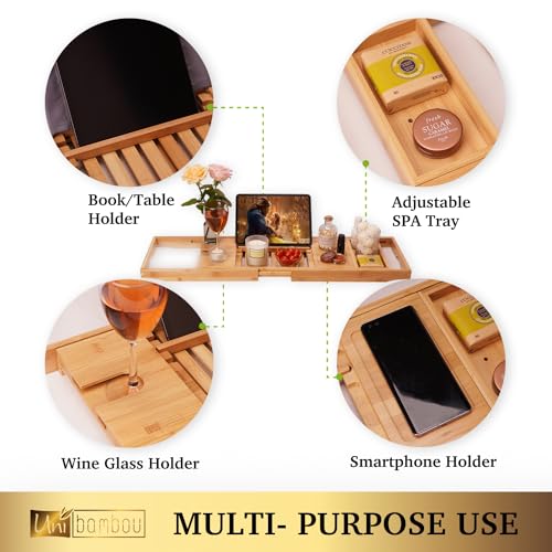 Bamboo Bathtub Caddy Tray for Luxury Bath, Expandable Bath Tray for Tub with Book and Wine Holder- Gift Idea for Loved Ones