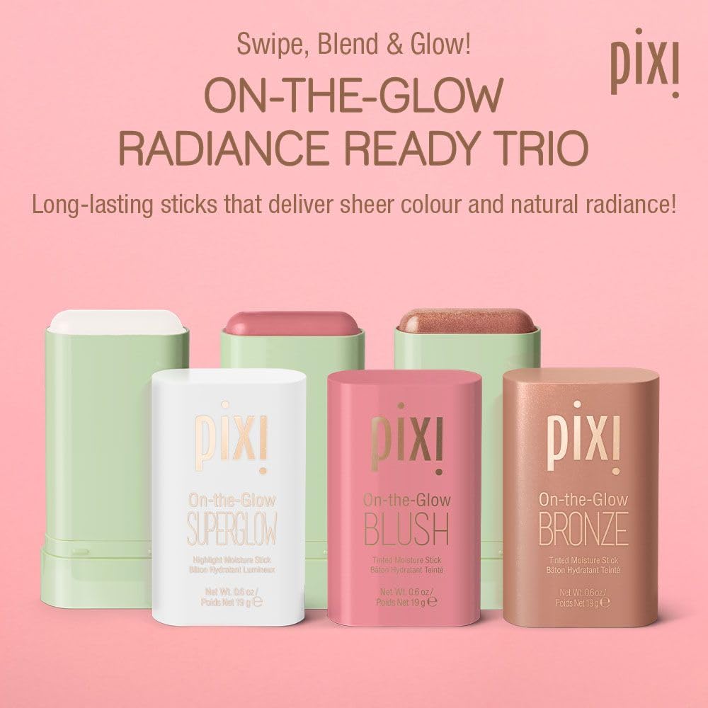 Pixi Beauty Radiance Ready On-the-Glow Trio - Hydrating Tinted Moisture Stick Blush, Bronzer & Highlighter Set | Travel Size, Vegan