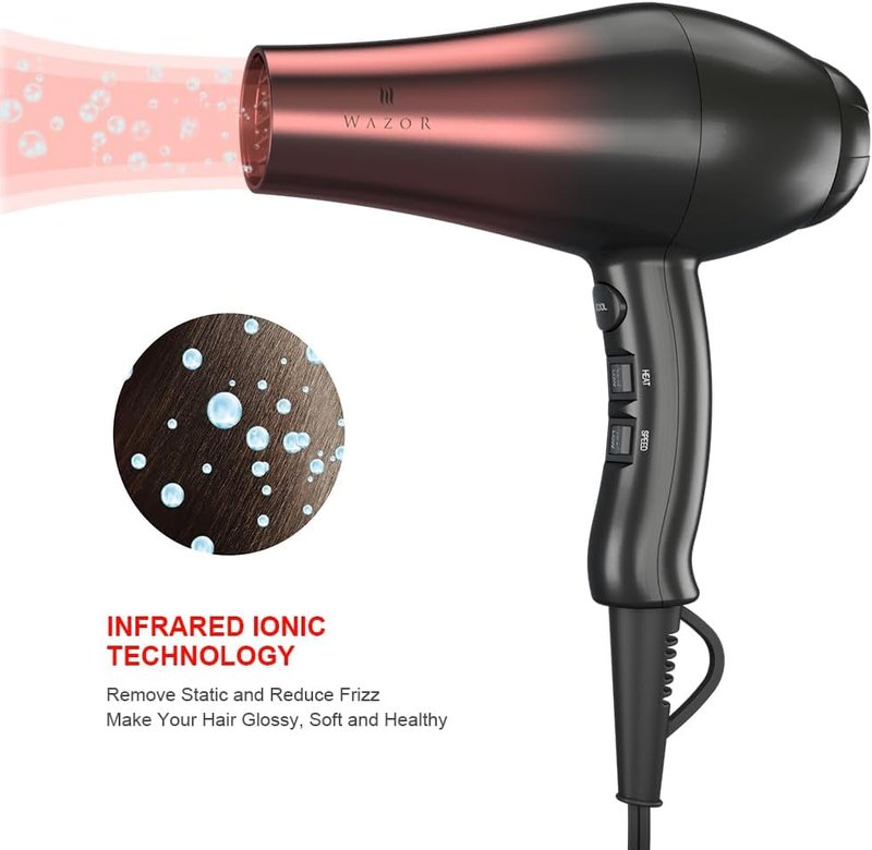 Professional 1875W Hair Dryer - Lightweight Ionic Blow Dryer with 2 Speed & 3 Heat Settings | Includes Diffuser, Concentrator & Comb (Black)