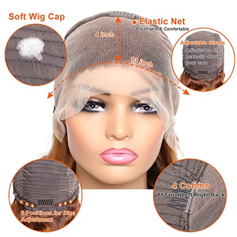 13x4 Highlight Ombre Lace Front Wig Human Hair Pre Plucked 4/27 Honey Blonde HD Transparent Colored Lace Frontal Wigs For Women with Baby Hair 200% Density Body Wave Lace Front Wig (16 Inch)