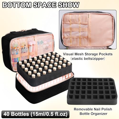 Nail Polish Organizer Bag Holds 50 Bottles (15ml/0.5fl.oz)& Nail Lamp, Soft Velvet Nail Kit Storage Carrying Case with Shoulder Strap, Double Layer Nail Supplies Organizer Handbag Women Black
