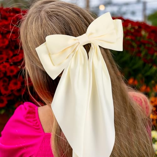 Hoteam 12 Pcs Silky Satin Oversized Hair Bows Bulk Big Hair Bows for Women Long Tail Large Bowknot Barrettes Hair Barrettes Clips Ribbon Bows Hair Accessories Gifts (Vibrant)